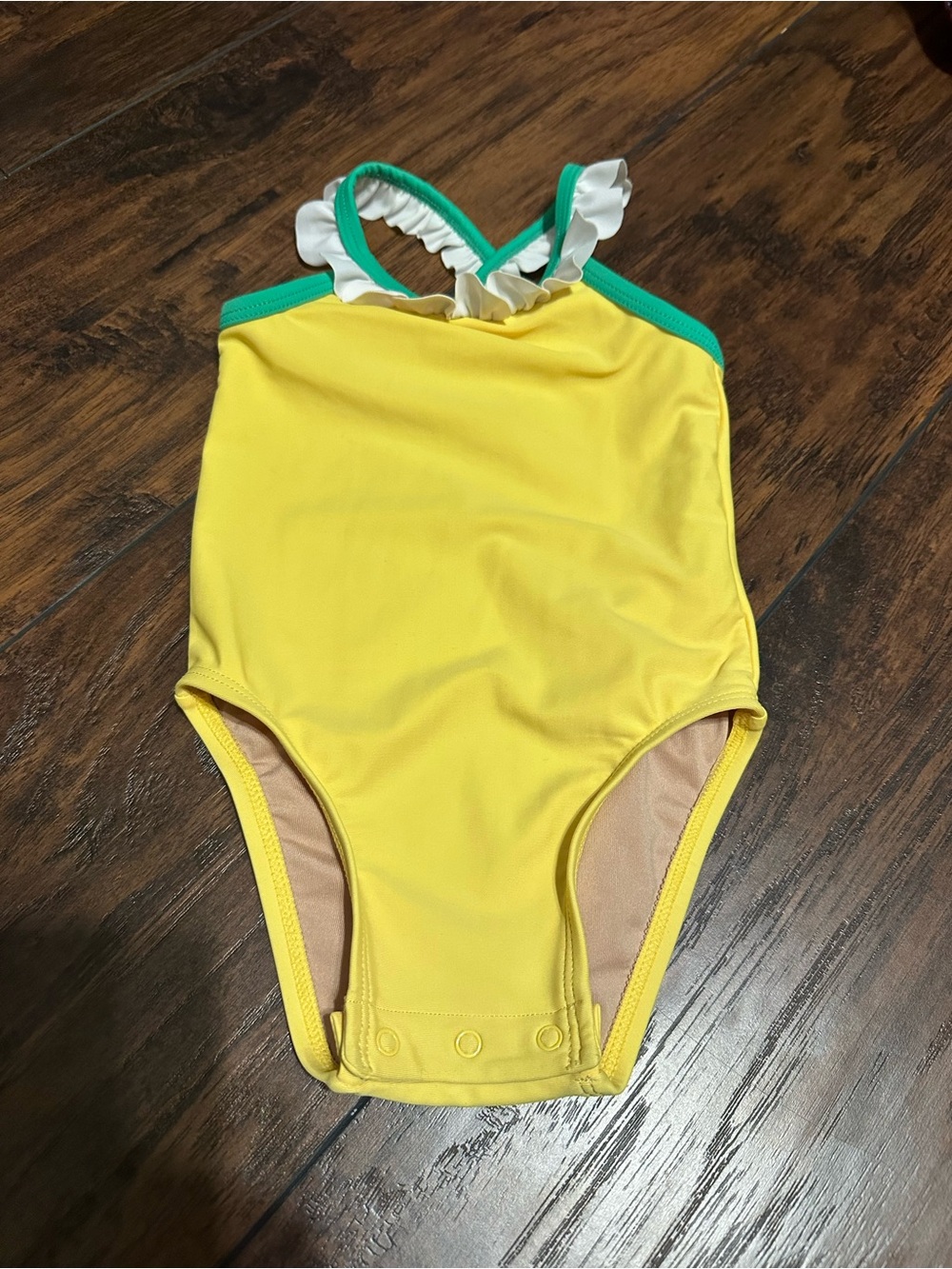 Old Navy Yellow One-Piece Swimsuit with Green Trim and White Ruffle Straps